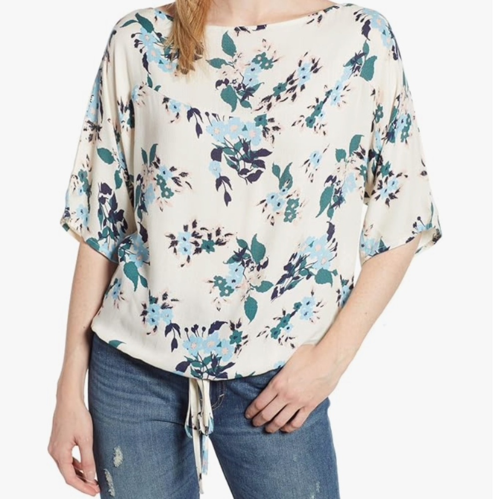 NWT Lucky Brand Cream Blue Floral Print Top boho peasant SZ 2 X